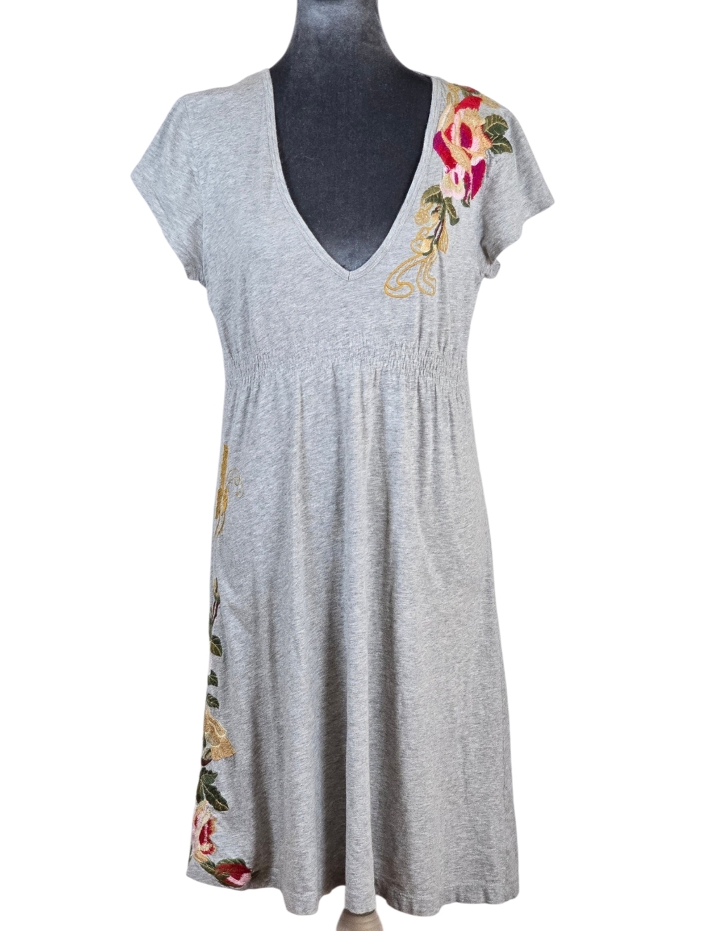 Johnny Was JWLA Embroidered Floral V Neck Tunic Sundress Grey Cotton Size M